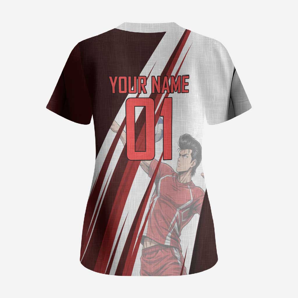 Personalized Metal Bat Volleyball Design Scrub Top with Red Athletic Theme and Powerful Action Pose