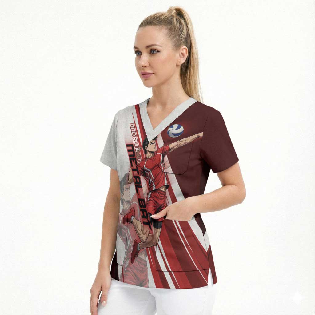 Personalized Metal Bat Volleyball Design Scrub Top with Red Athletic Theme and Powerful Action Pose
