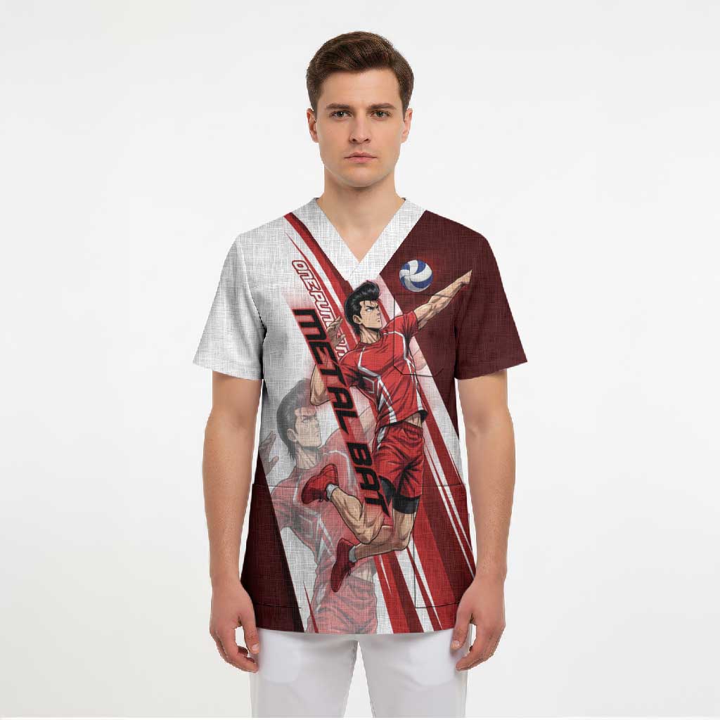 Personalized Metal Bat Volleyball Design Scrub Top with Red Athletic Theme and Powerful Action Pose
