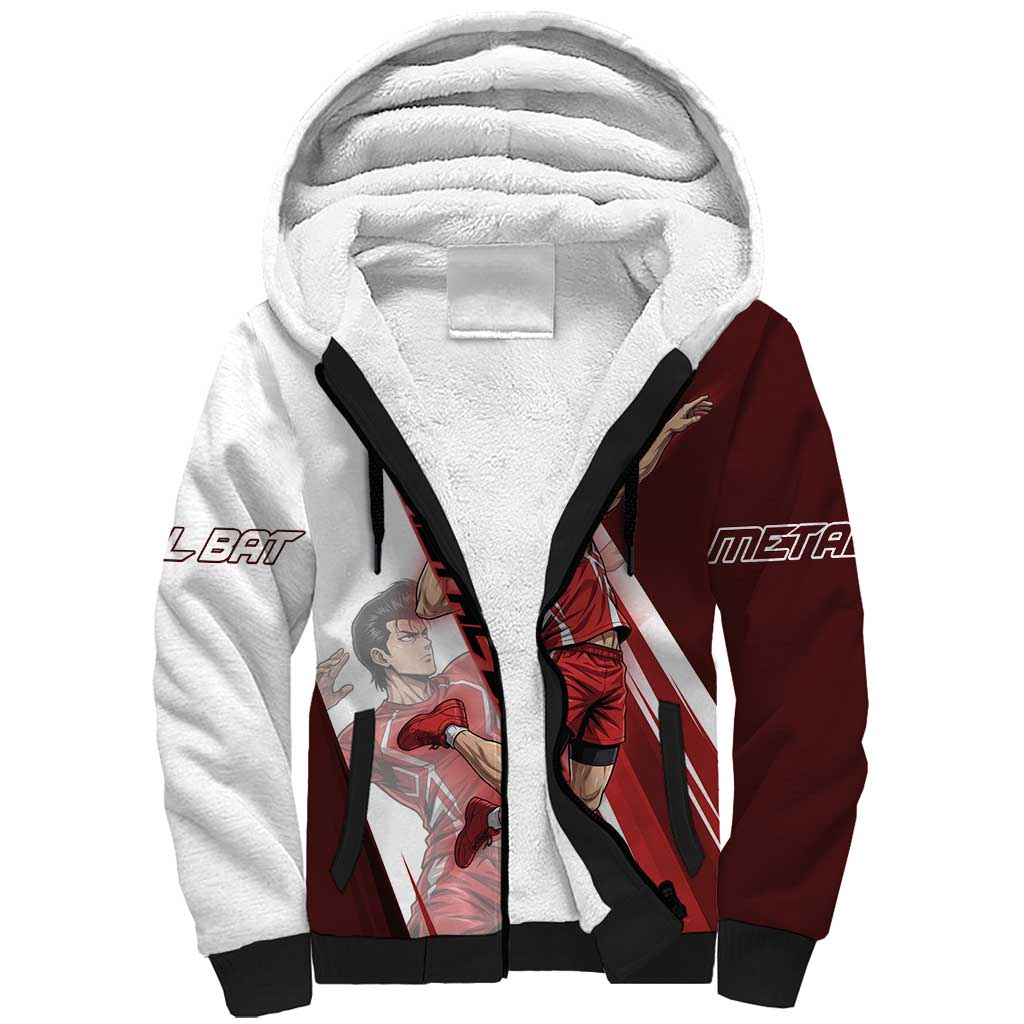 Personalized Metal Bat Volleyball Design Sherpa Hoodie with Red Athletic Theme and Powerful Action Pose
