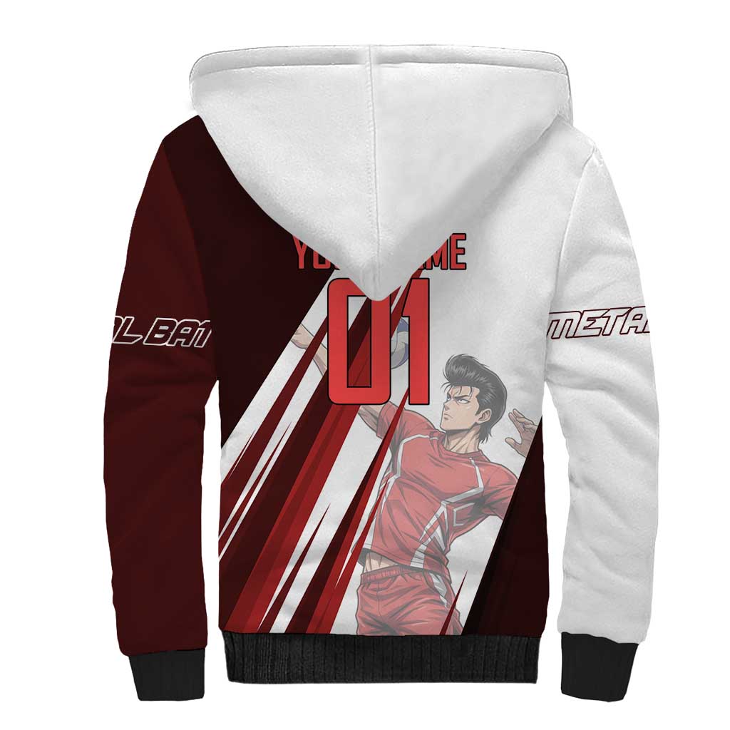 Personalized Metal Bat Volleyball Design Sherpa Hoodie with Red Athletic Theme and Powerful Action Pose