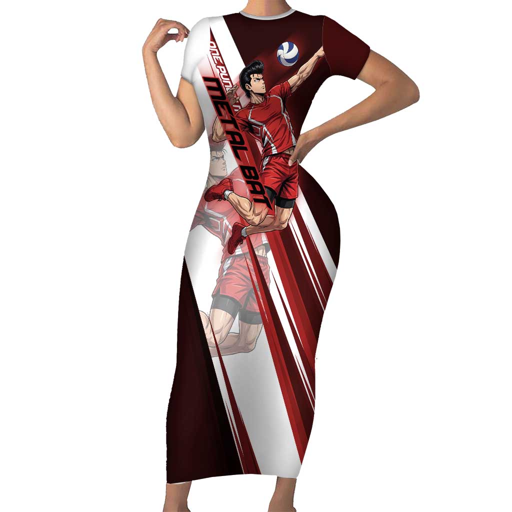 Personalized Metal Bat Volleyball Design Short Sleeve Bodycon Dress with Red Athletic Theme and Powerful Action Pose