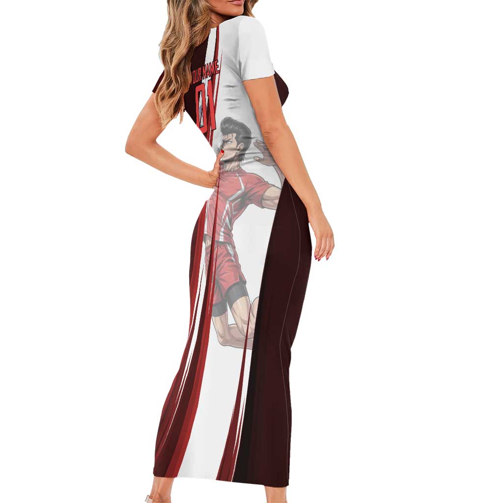 Personalized Metal Bat Volleyball Design Short Sleeve Bodycon Dress with Red Athletic Theme and Powerful Action Pose