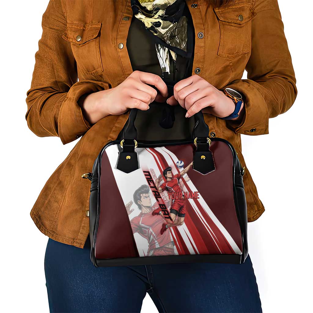 Personalized Metal Bat Volleyball Design Shoulder Handbag with Red Athletic Theme and Powerful Action Pose