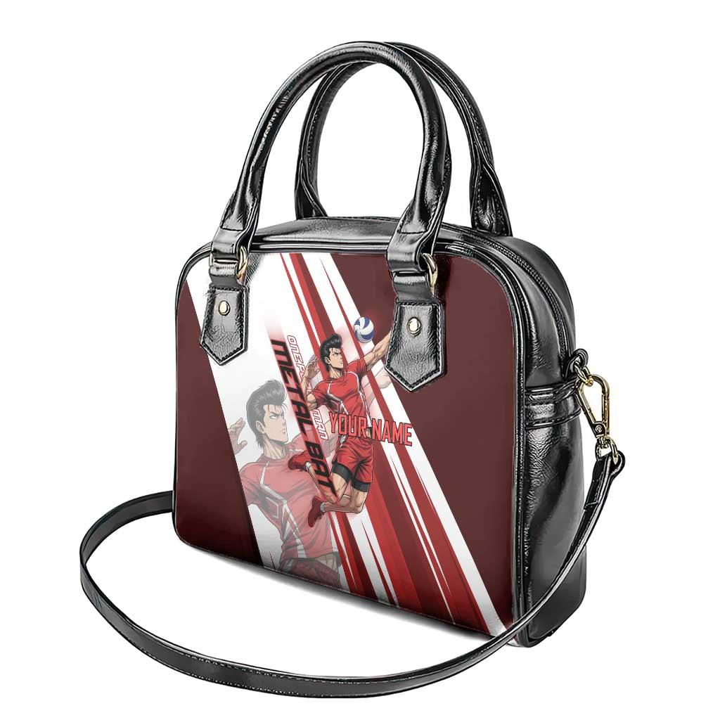 Personalized Metal Bat Volleyball Design Shoulder Handbag with Red Athletic Theme and Powerful Action Pose