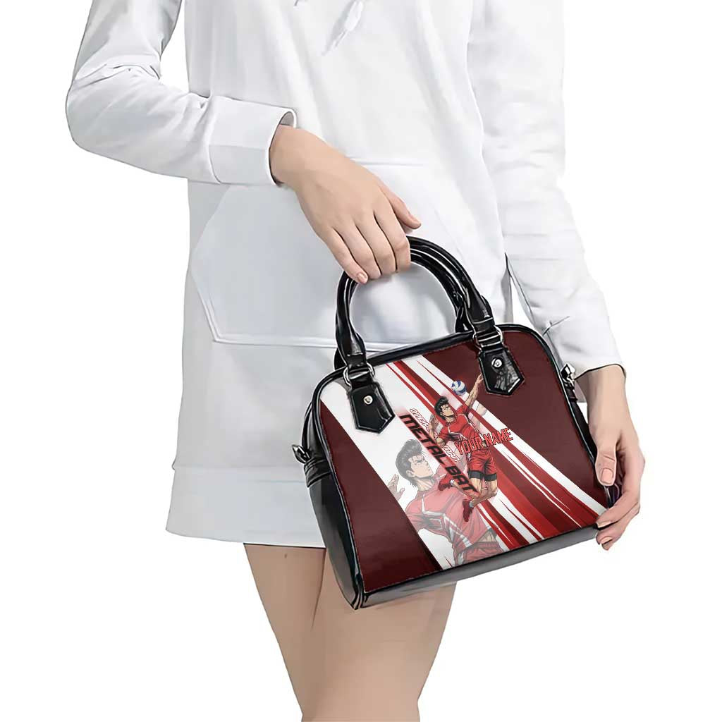 Personalized Metal Bat Volleyball Design Shoulder Handbag with Red Athletic Theme and Powerful Action Pose