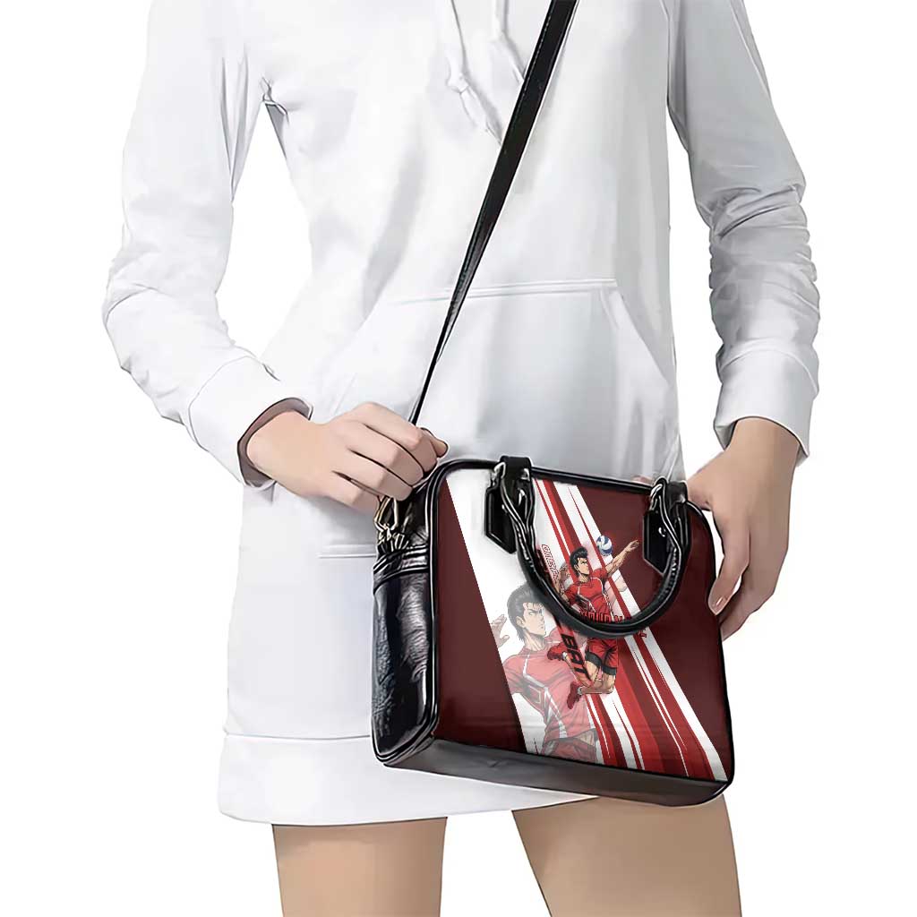 Personalized Metal Bat Volleyball Design Shoulder Handbag with Red Athletic Theme and Powerful Action Pose