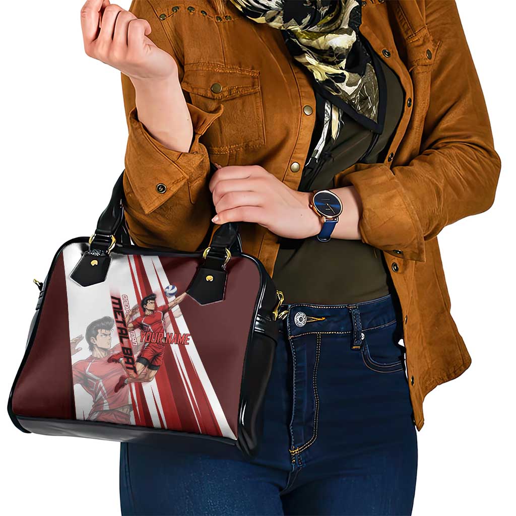 Personalized Metal Bat Volleyball Design Shoulder Handbag with Red Athletic Theme and Powerful Action Pose