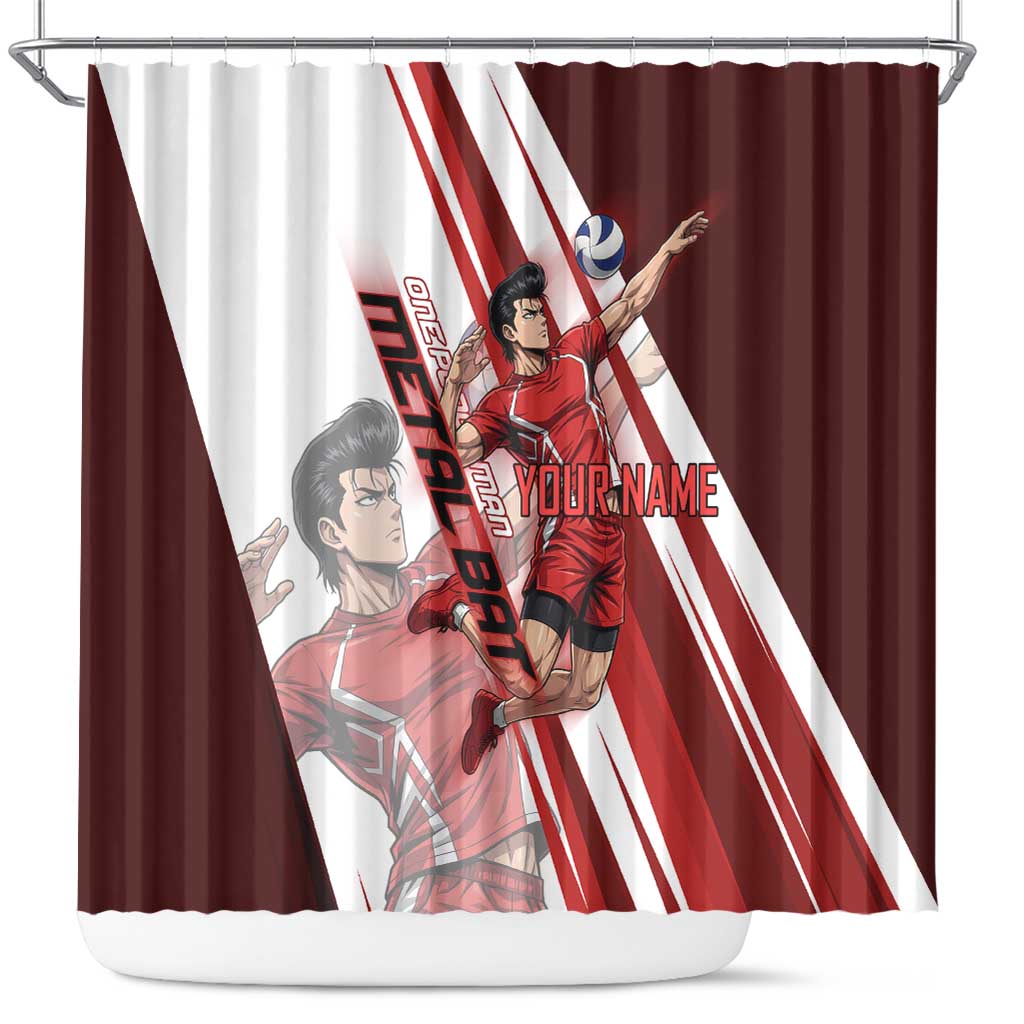 Personalized Metal Bat Volleyball Design Shower Curtain with Red Athletic Theme and Powerful Action Pose