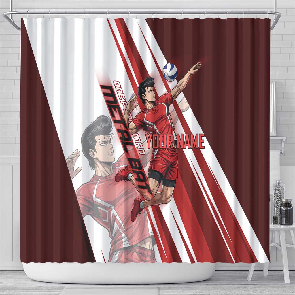 Personalized Metal Bat Volleyball Design Shower Curtain with Red Athletic Theme and Powerful Action Pose