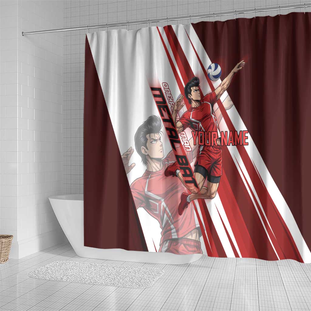 Personalized Metal Bat Volleyball Design Shower Curtain with Red Athletic Theme and Powerful Action Pose