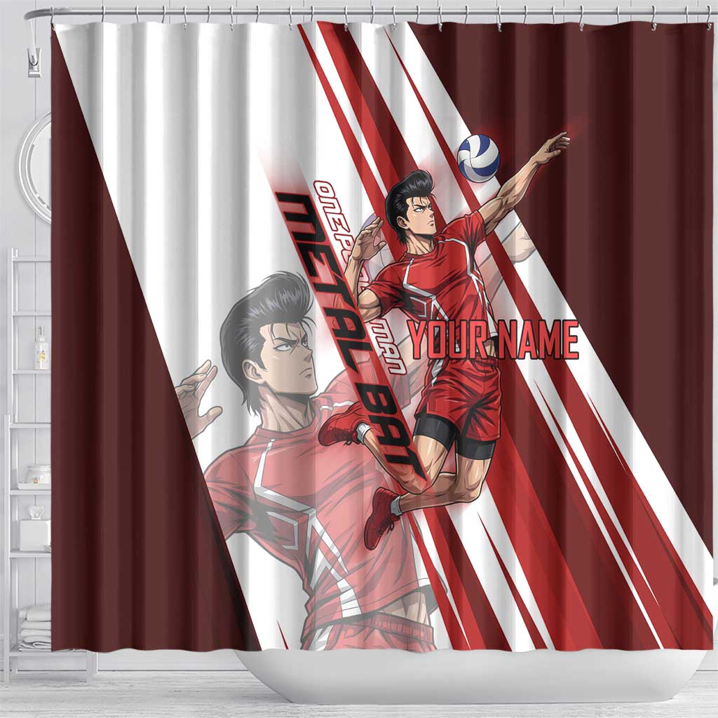 Personalized Metal Bat Volleyball Design Shower Curtain with Red Athletic Theme and Powerful Action Pose