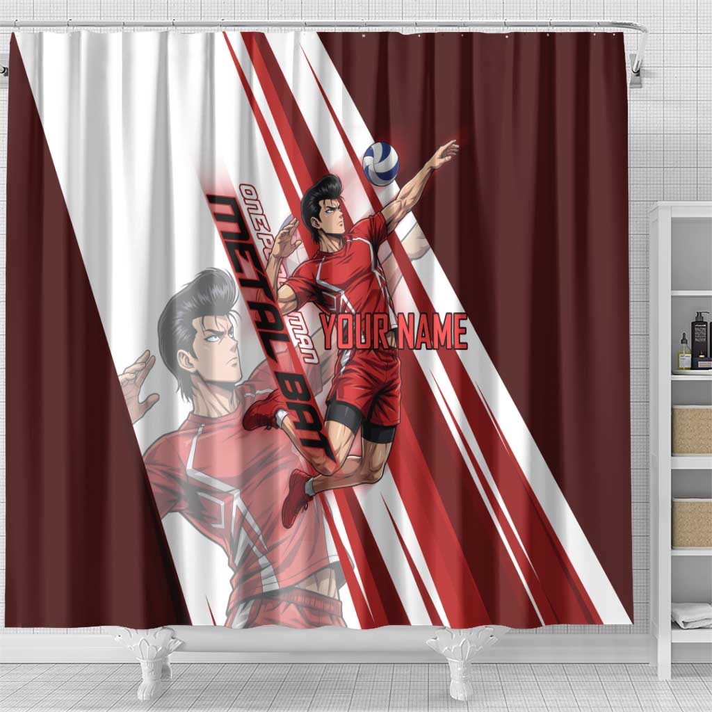 Personalized Metal Bat Volleyball Design Shower Curtain with Red Athletic Theme and Powerful Action Pose