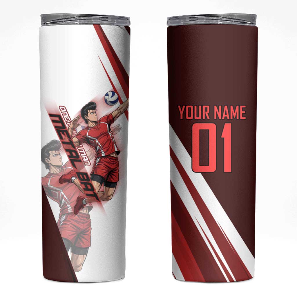 Personalized Metal Bat Volleyball Design Skinny Tumbler with Red Athletic Theme and Powerful Action Pose