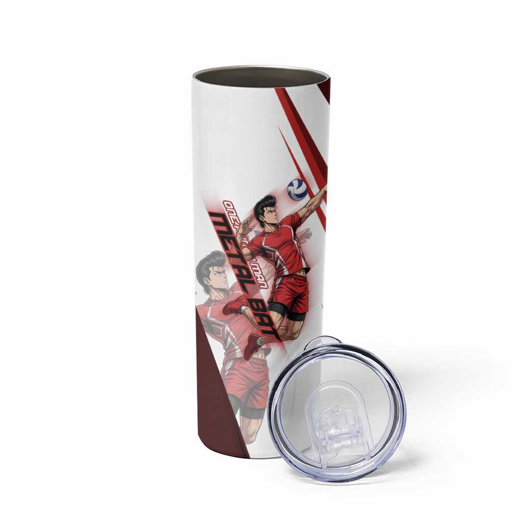 Personalized Metal Bat Volleyball Design Skinny Tumbler with Red Athletic Theme and Powerful Action Pose