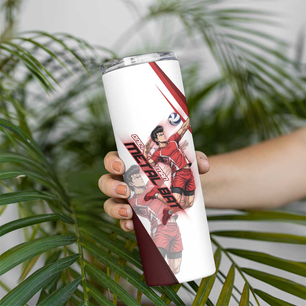 Personalized Metal Bat Volleyball Design Skinny Tumbler with Red Athletic Theme and Powerful Action Pose