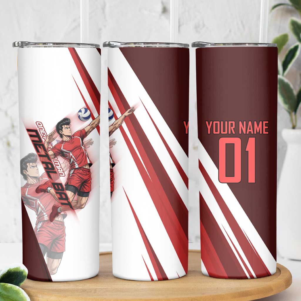 Personalized Metal Bat Volleyball Design Skinny Tumbler with Red Athletic Theme and Powerful Action Pose