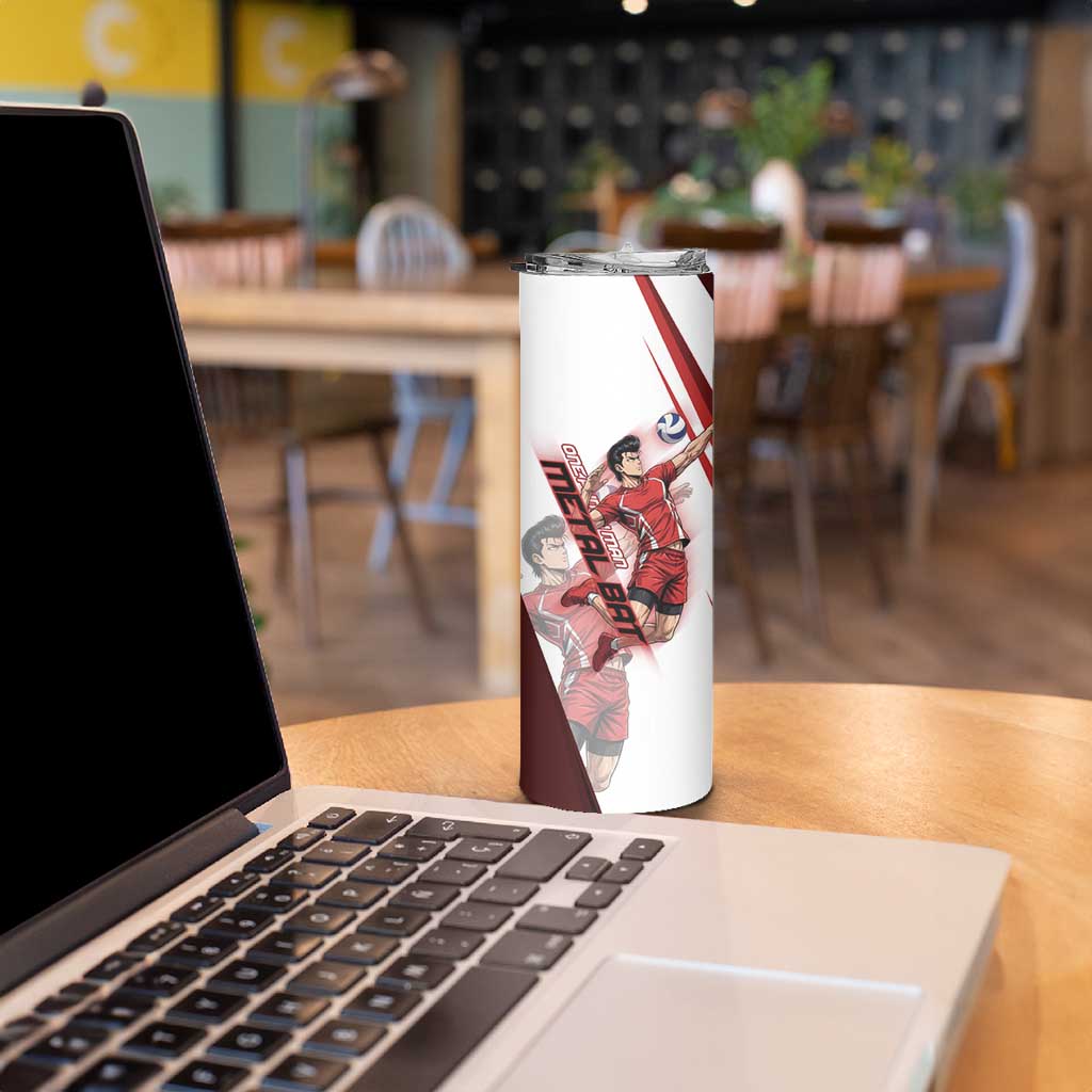Personalized Metal Bat Volleyball Design Skinny Tumbler with Red Athletic Theme and Powerful Action Pose