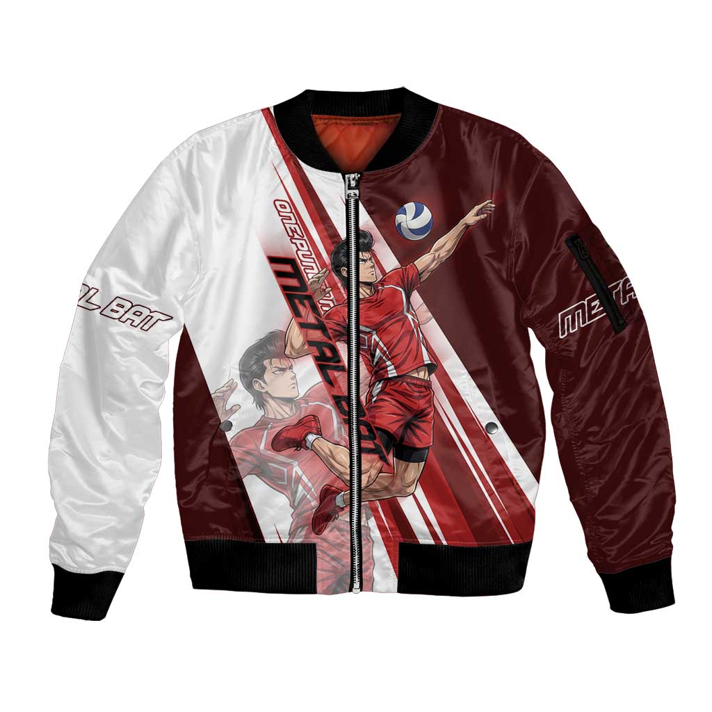 Personalized Metal Bat Volleyball Design Sleeve Zip Bomber Jacket with Red Athletic Theme and Powerful Action Pose