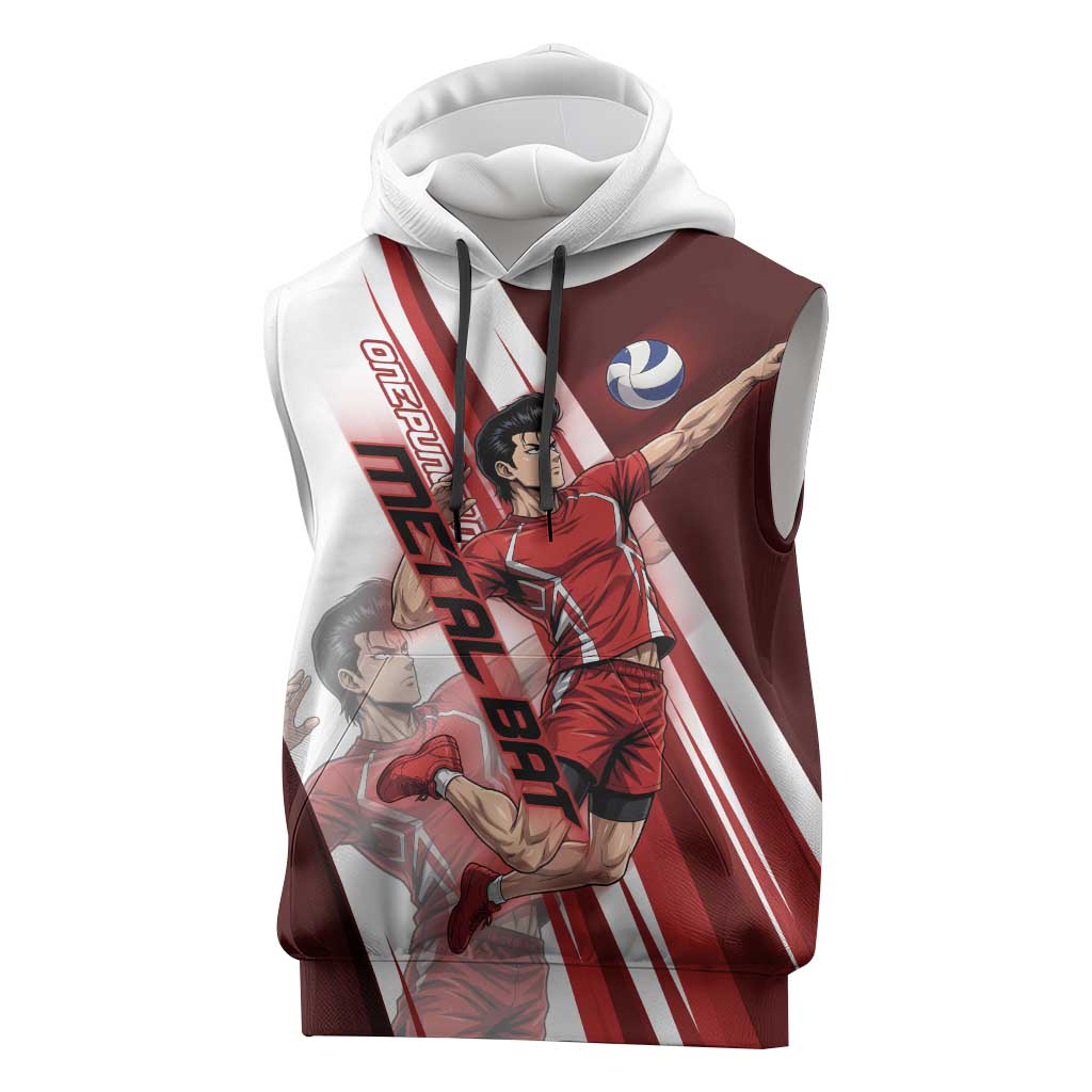 Personalized Metal Bat Volleyball Design Sleeveless Hoodie with Red Athletic Theme and Powerful Action Pose