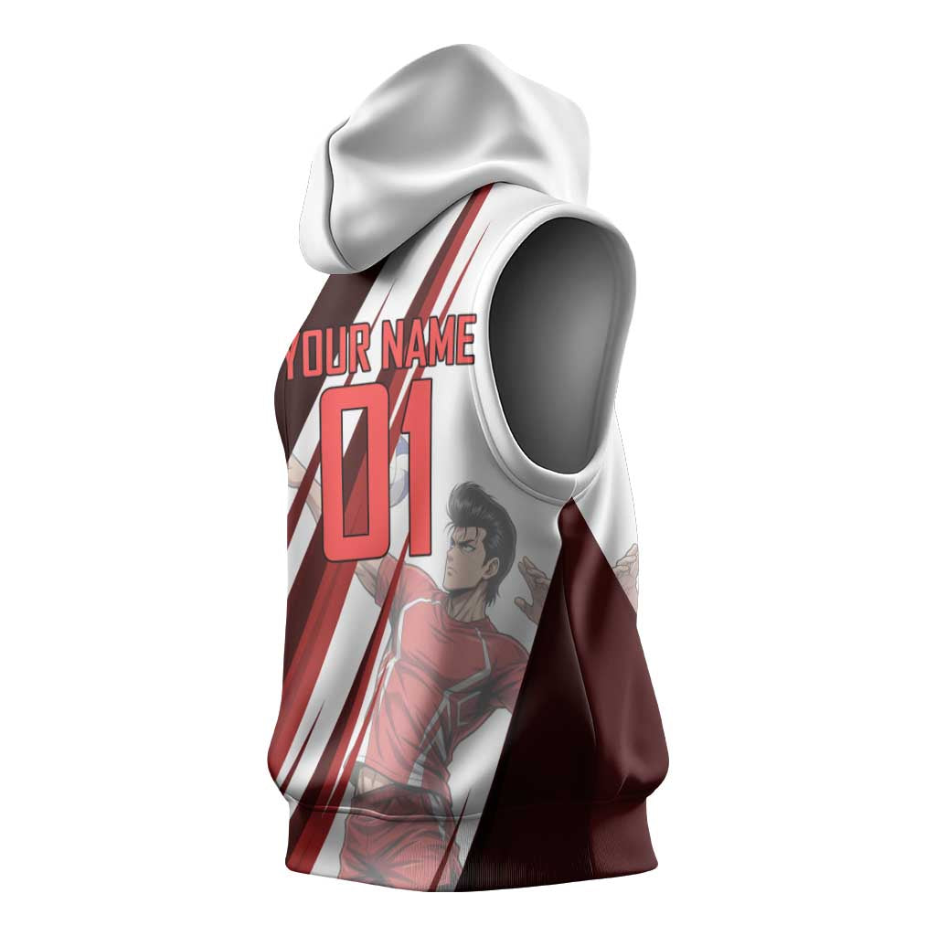 Personalized Metal Bat Volleyball Design Sleeveless Hoodie with Red Athletic Theme and Powerful Action Pose