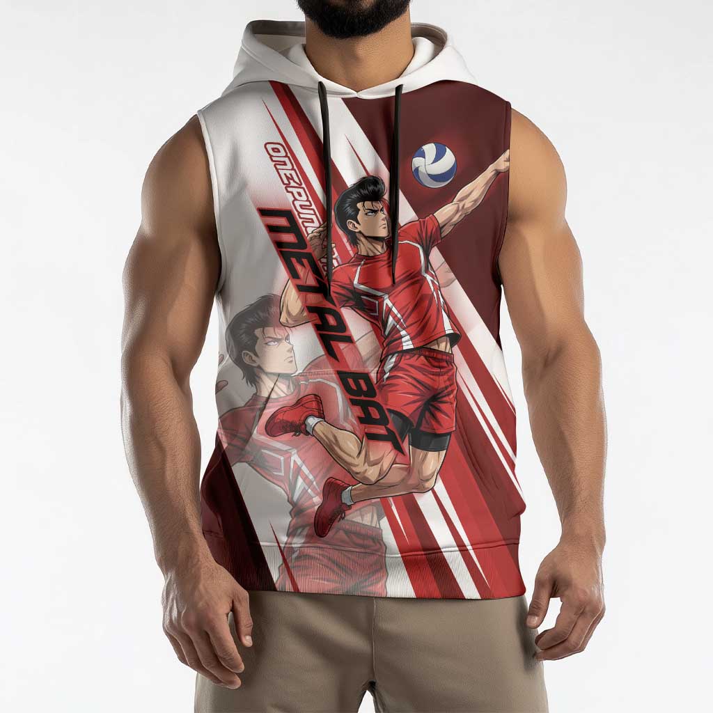 Personalized Metal Bat Volleyball Design Sleeveless Hoodie with Red Athletic Theme and Powerful Action Pose