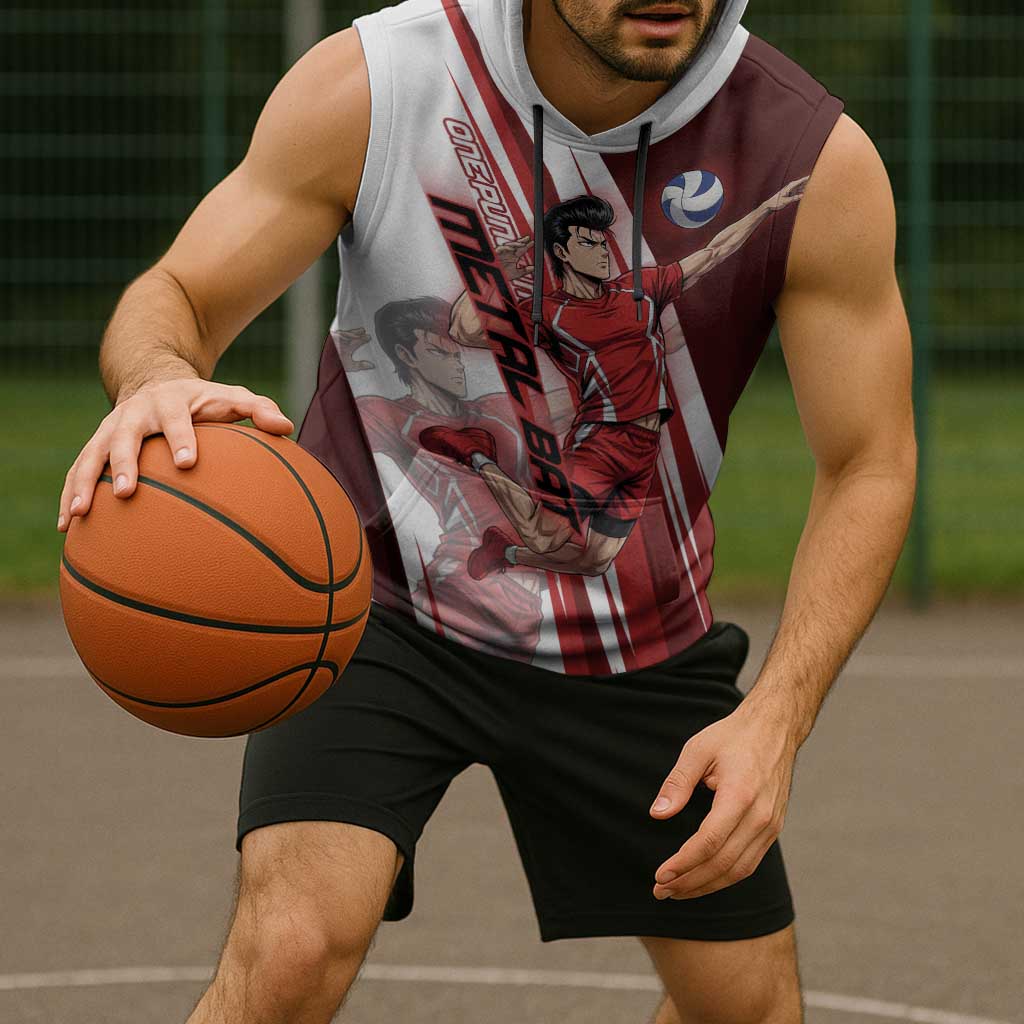 Personalized Metal Bat Volleyball Design Sleeveless Hoodie with Red Athletic Theme and Powerful Action Pose
