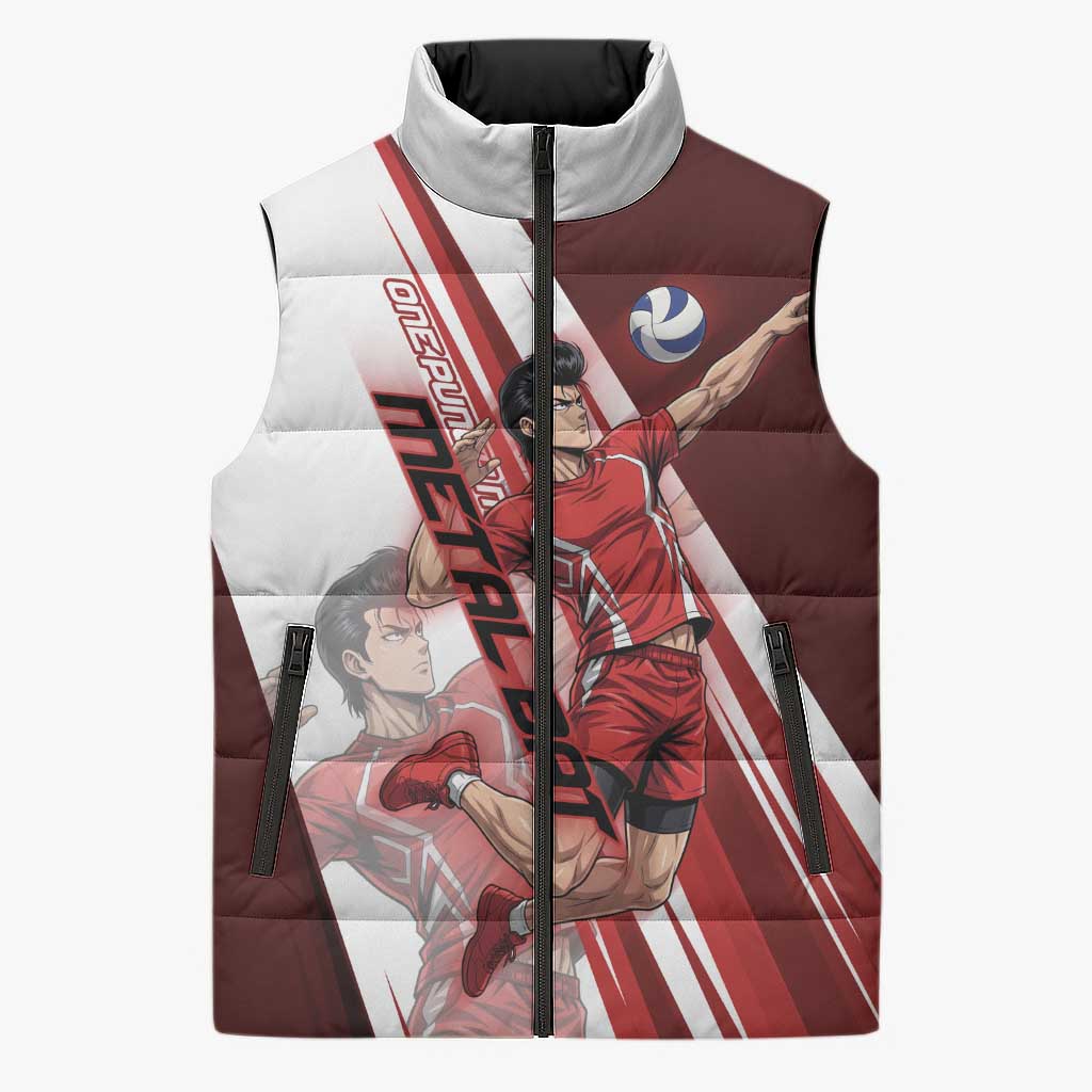 Personalized Metal Bat Volleyball Design Sleeveless Puffer Jacket with Red Athletic Theme and Powerful Action Pose
