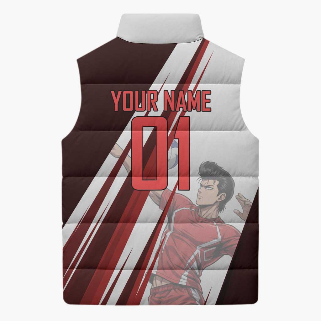 Personalized Metal Bat Volleyball Design Sleeveless Puffer Jacket with Red Athletic Theme and Powerful Action Pose