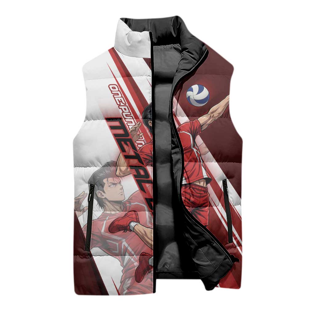 Personalized Metal Bat Volleyball Design Sleeveless Puffer Jacket with Red Athletic Theme and Powerful Action Pose
