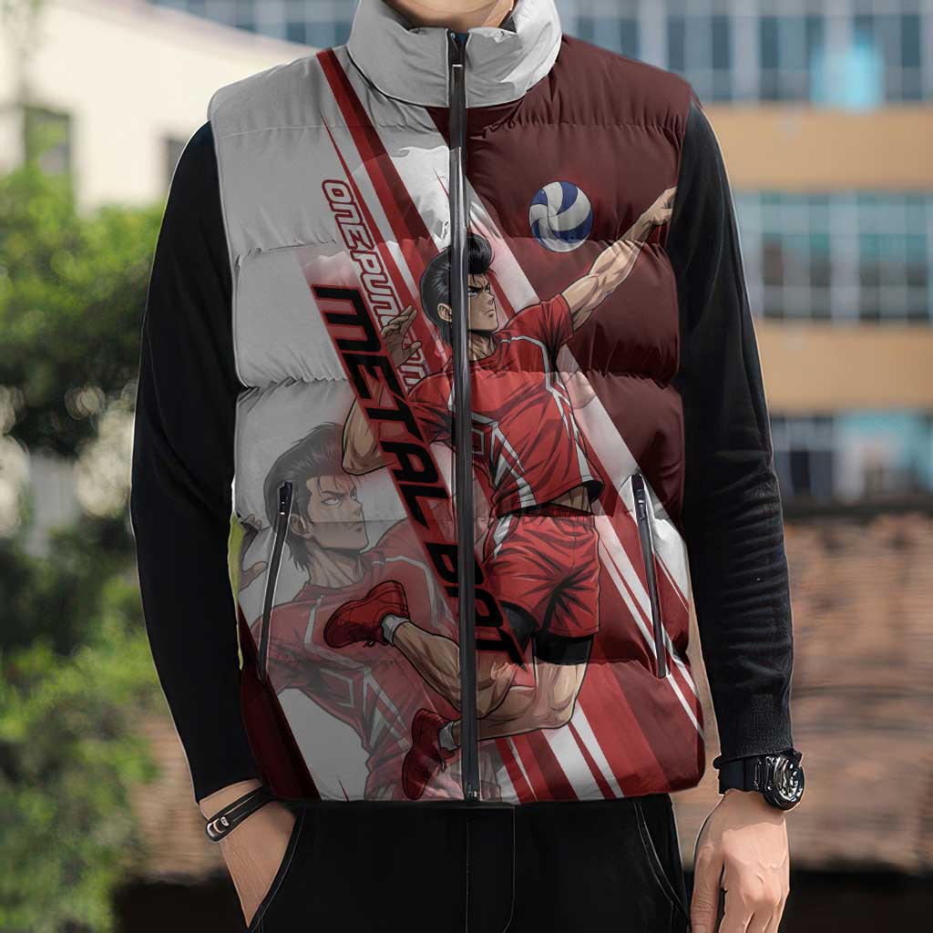 Personalized Metal Bat Volleyball Design Sleeveless Puffer Jacket with Red Athletic Theme and Powerful Action Pose