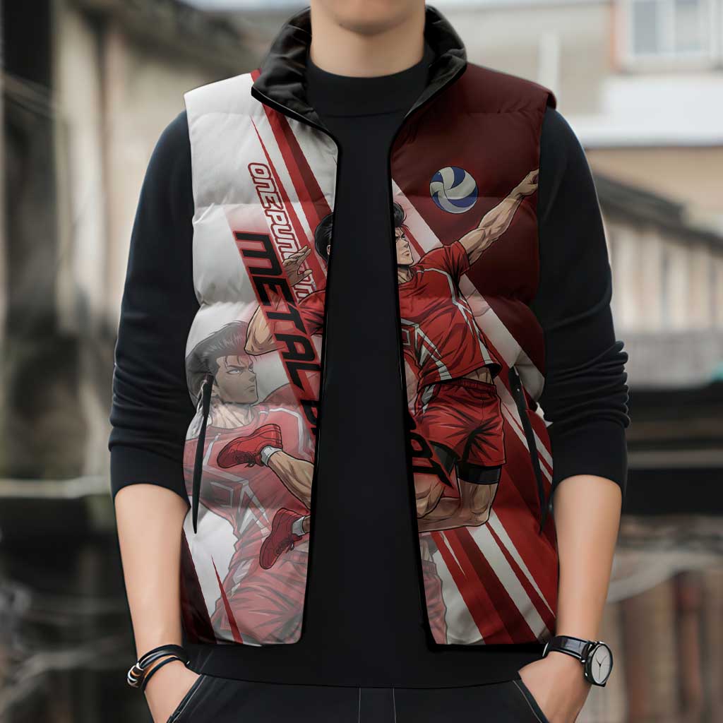 Personalized Metal Bat Volleyball Design Sleeveless Puffer Jacket with Red Athletic Theme and Powerful Action Pose