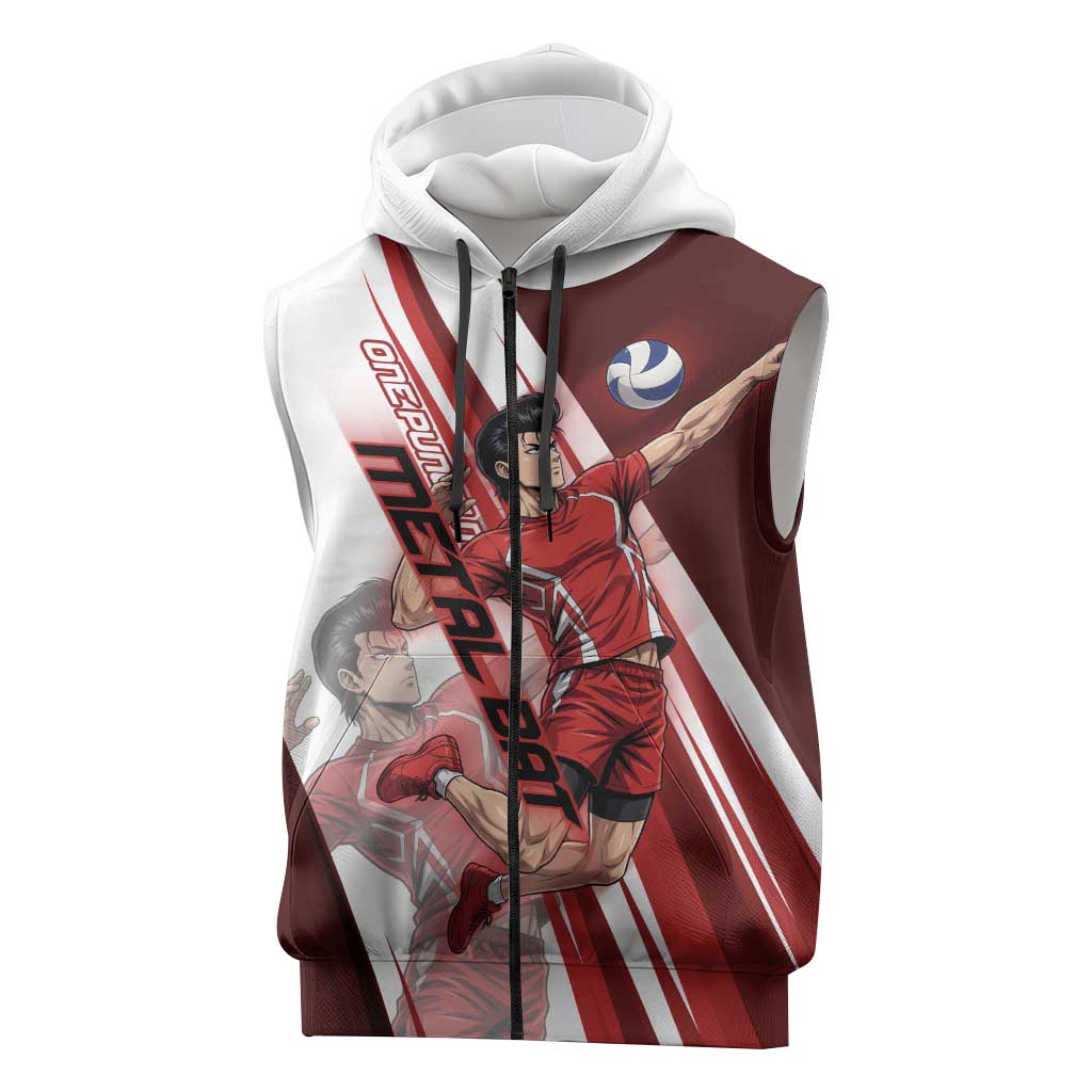 Personalized Metal Bat Volleyball Design Sleeveless Zip Hoodie with Red Athletic Theme and Powerful Action Pose