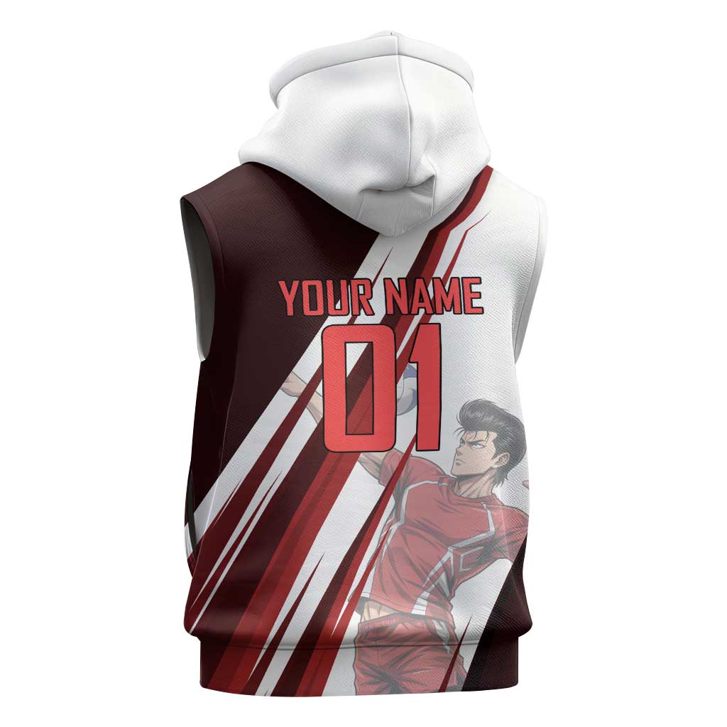 Personalized Metal Bat Volleyball Design Sleeveless Zip Hoodie with Red Athletic Theme and Powerful Action Pose