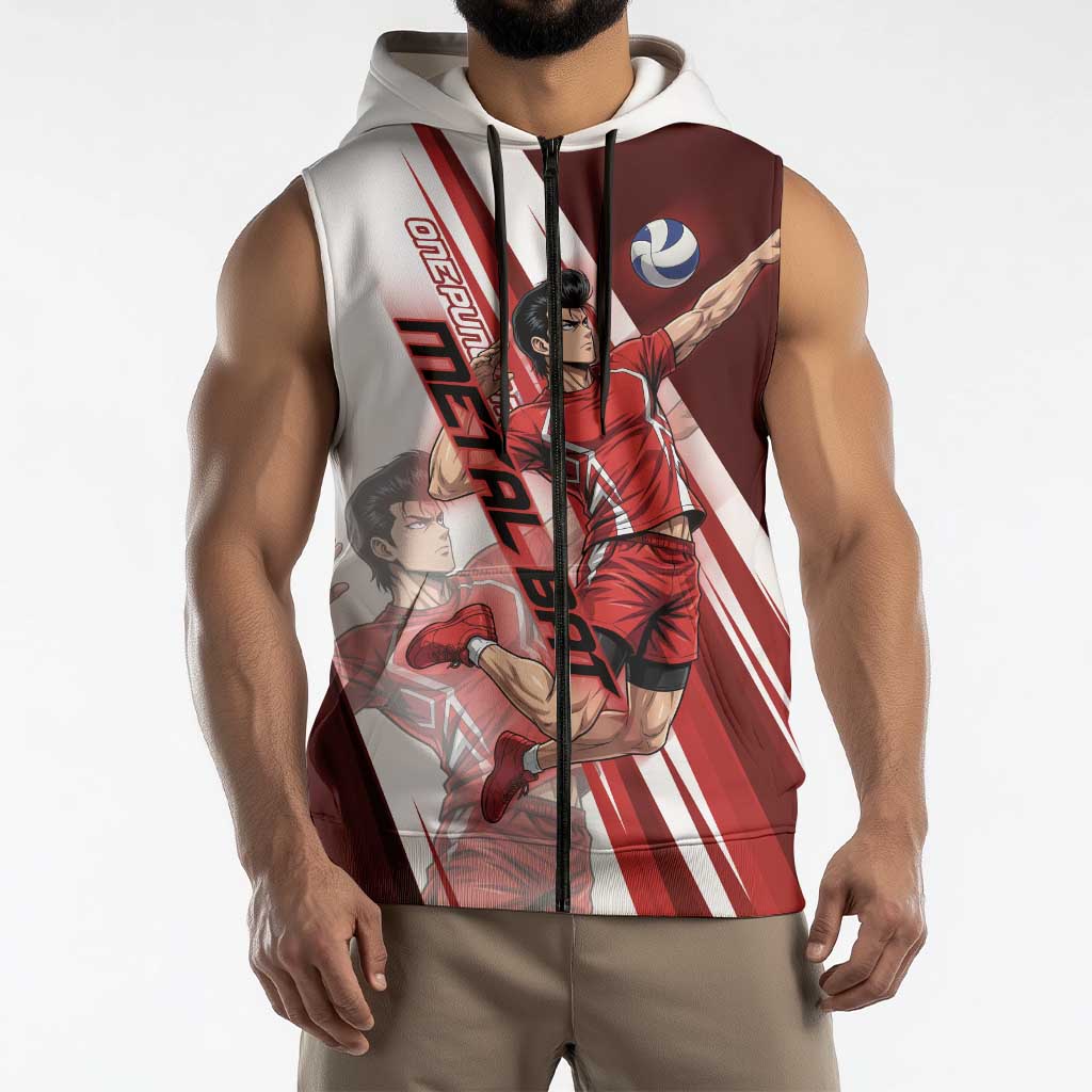 Personalized Metal Bat Volleyball Design Sleeveless Zip Hoodie with Red Athletic Theme and Powerful Action Pose