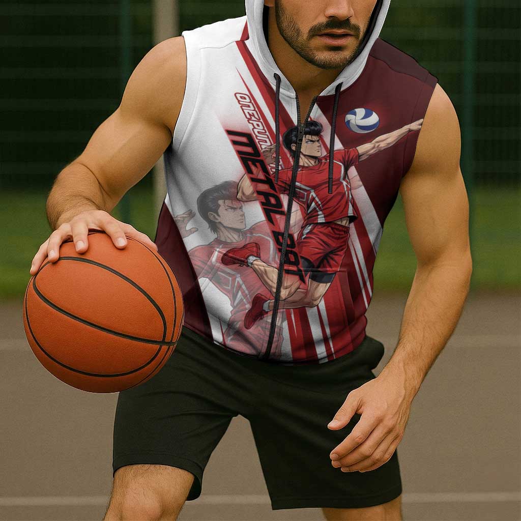 Personalized Metal Bat Volleyball Design Sleeveless Zip Hoodie with Red Athletic Theme and Powerful Action Pose