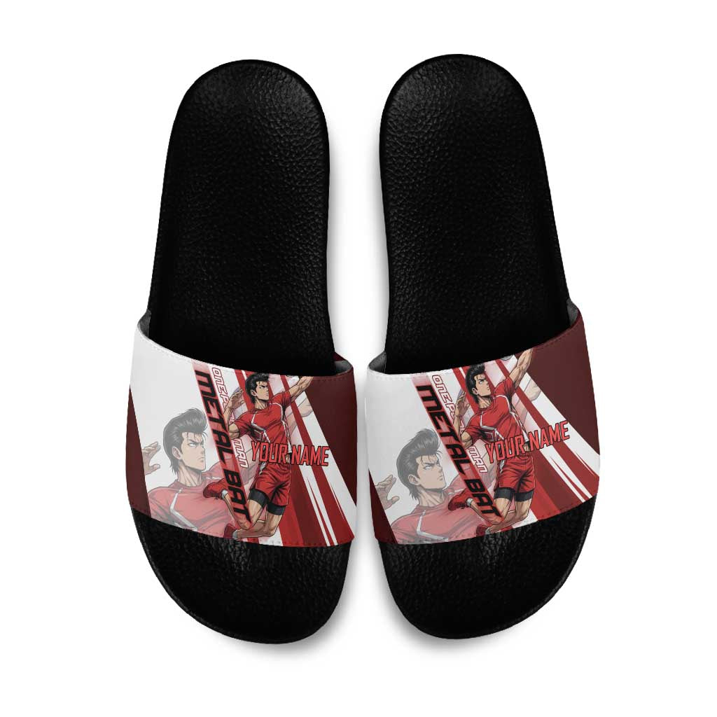 Personalized Metal Bat Volleyball Design Slide Sandals with Red Athletic Theme and Powerful Action Pose