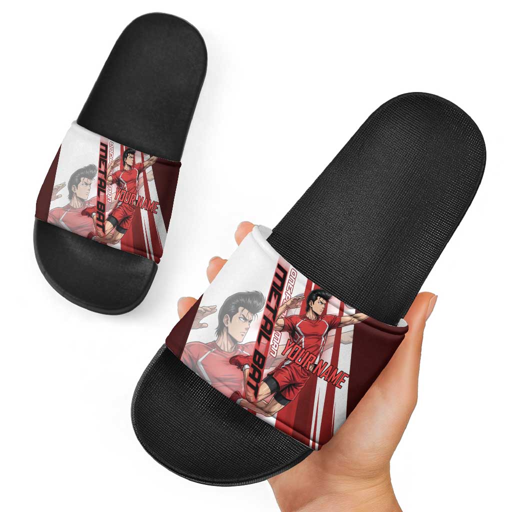 Personalized Metal Bat Volleyball Design Slide Sandals with Red Athletic Theme and Powerful Action Pose