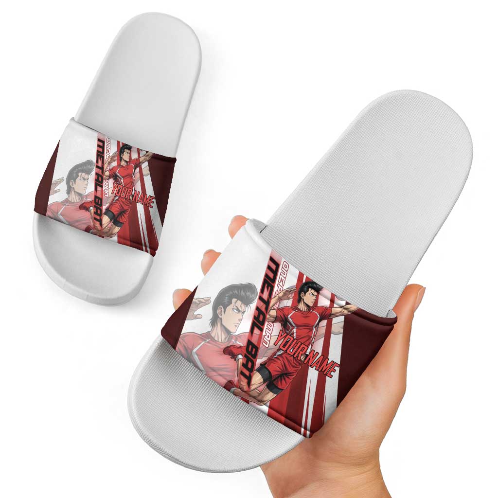 Personalized Metal Bat Volleyball Design Slide Sandals with Red Athletic Theme and Powerful Action Pose