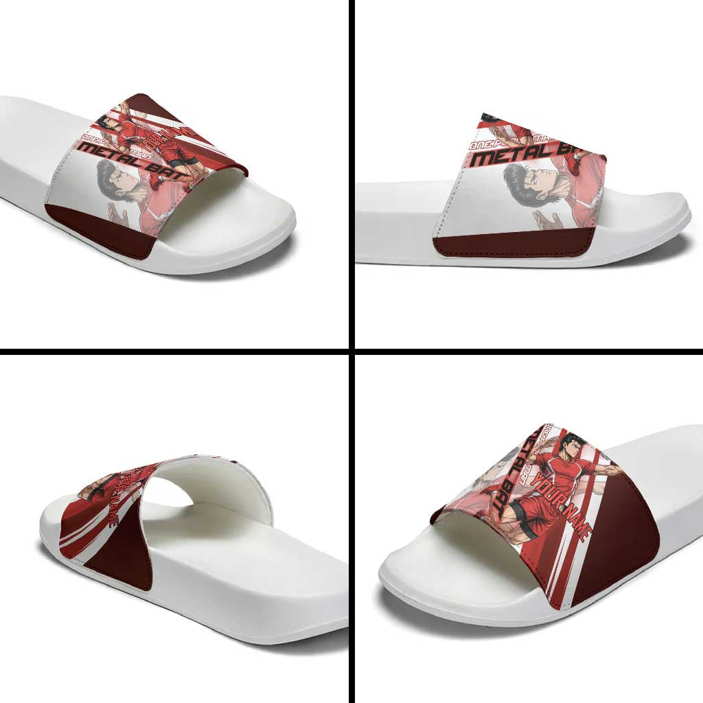 Personalized Metal Bat Volleyball Design Slide Sandals with Red Athletic Theme and Powerful Action Pose