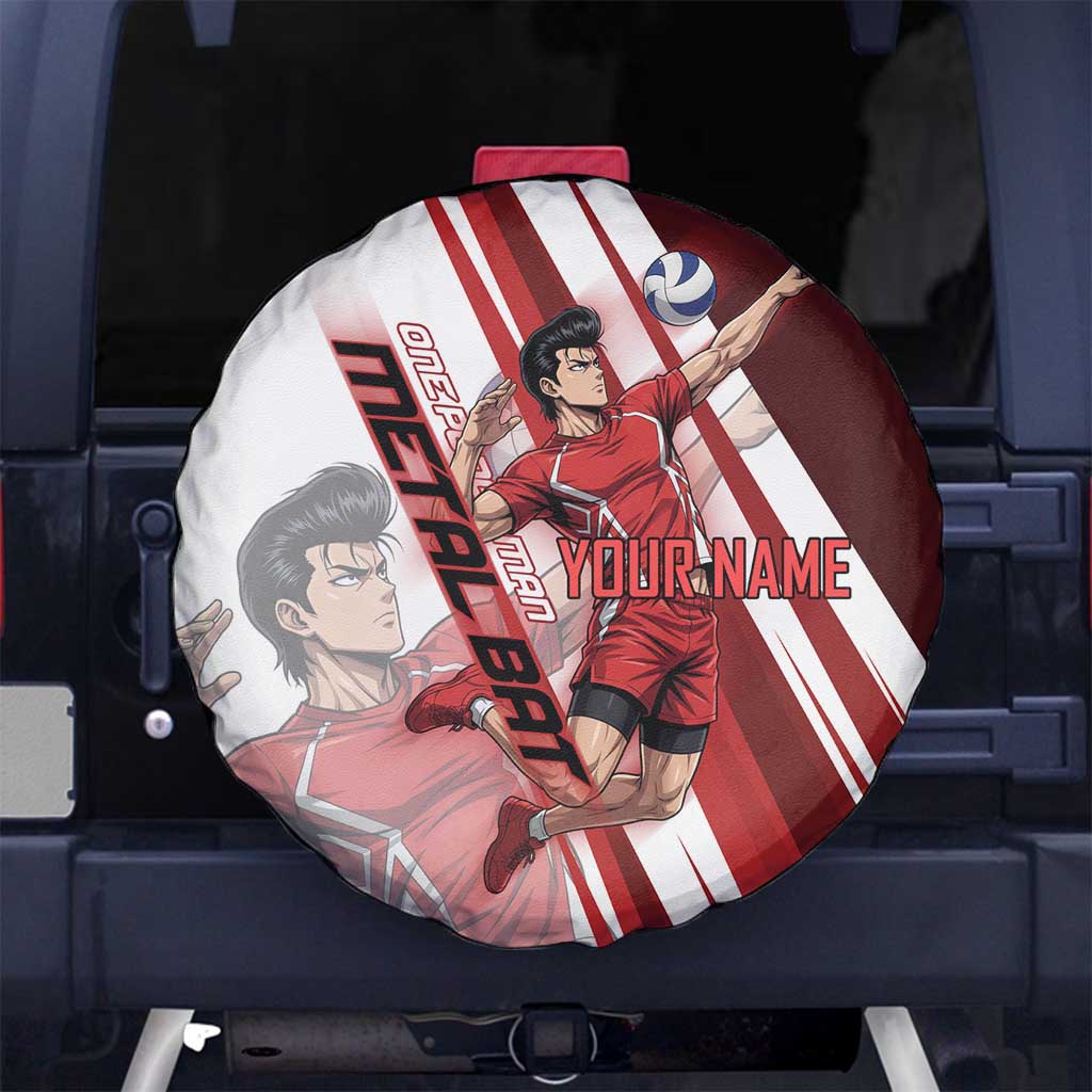 Personalized Metal Bat Volleyball Design Spare Tire Cover with Red Athletic Theme and Powerful Action Pose
