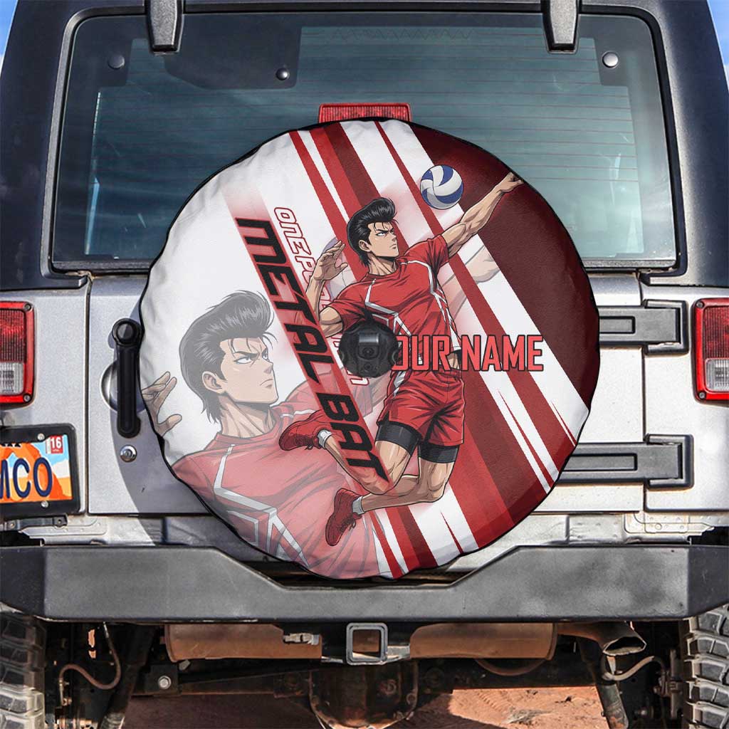 Personalized Metal Bat Volleyball Design Spare Tire Cover with Red Athletic Theme and Powerful Action Pose
