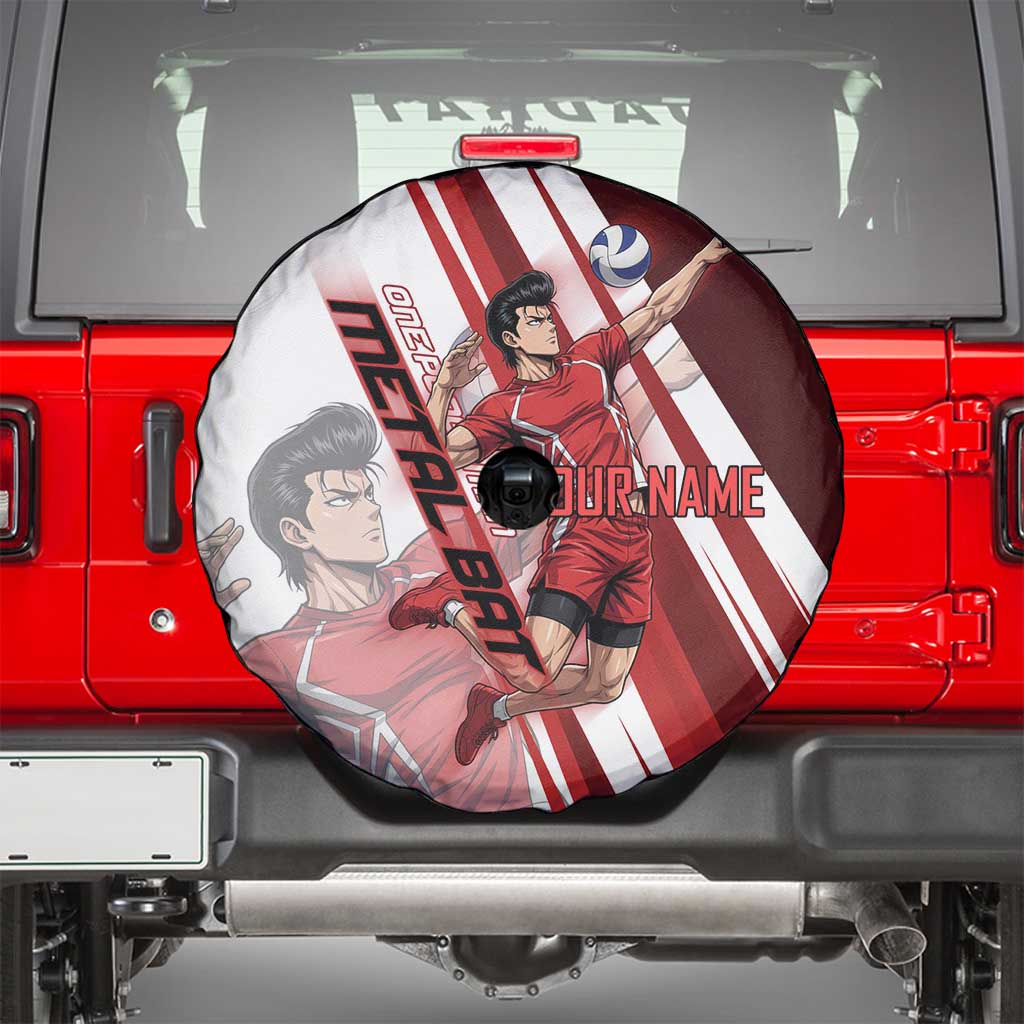 Personalized Metal Bat Volleyball Design Spare Tire Cover with Red Athletic Theme and Powerful Action Pose
