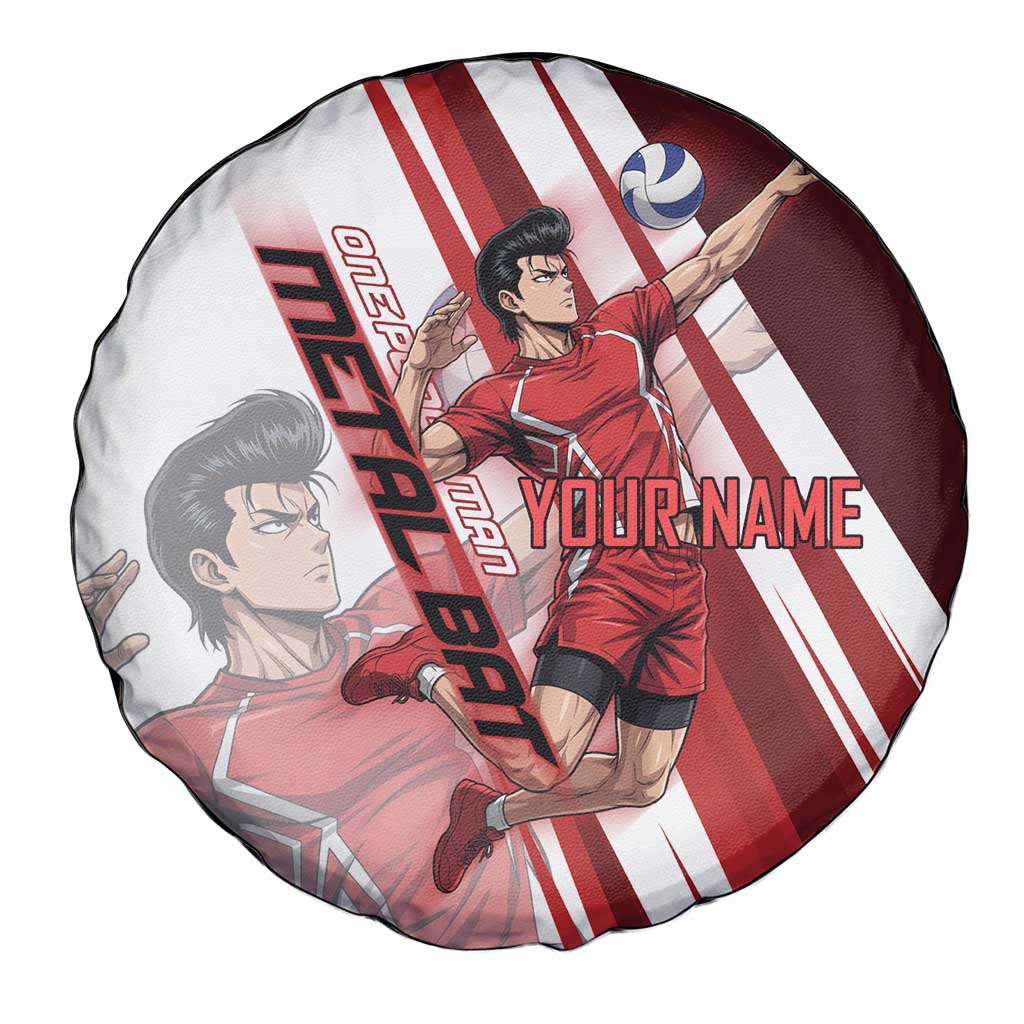 Personalized Metal Bat Volleyball Design Spare Tire Cover with Red Athletic Theme and Powerful Action Pose