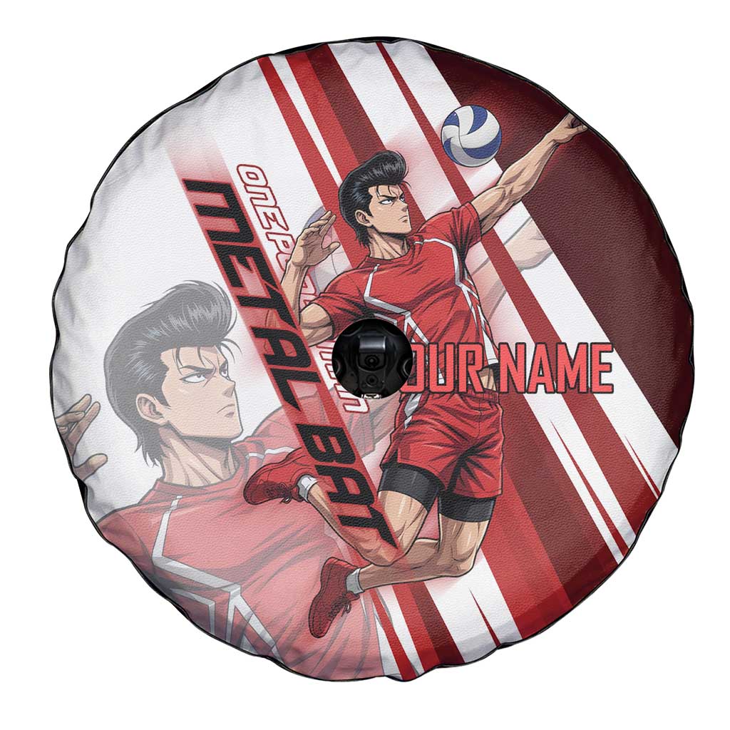 Personalized Metal Bat Volleyball Design Spare Tire Cover with Red Athletic Theme and Powerful Action Pose