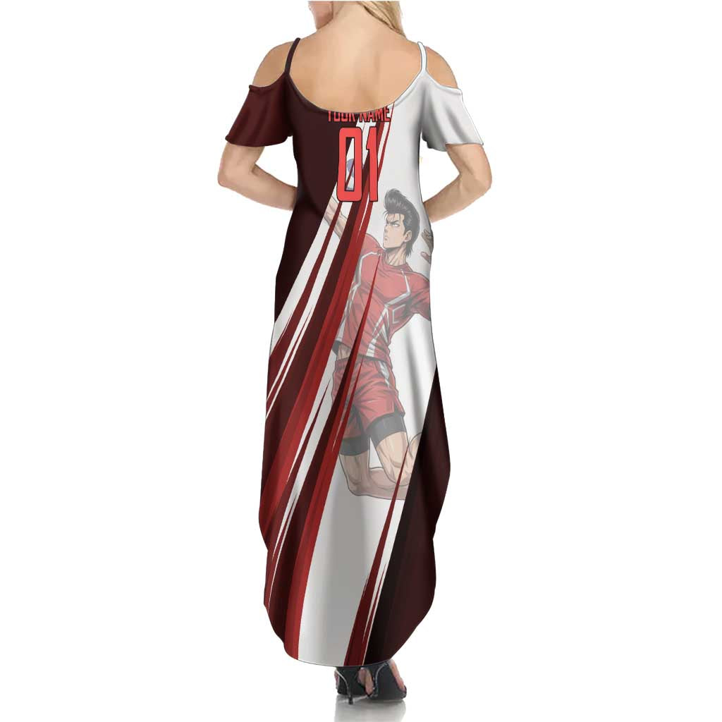 Personalized Metal Bat Volleyball Design Summer Maxi Dress with Red Athletic Theme and Powerful Action Pose