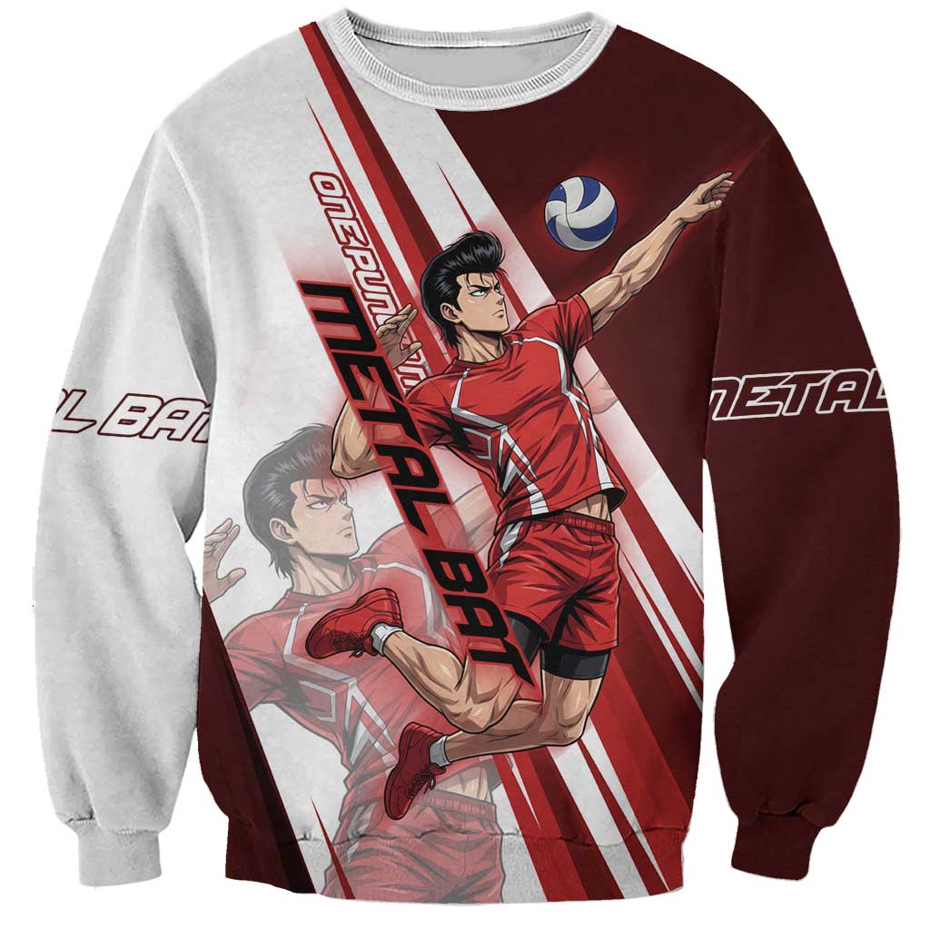 Personalized Metal Bat Volleyball Design Sweatshirt with Red Athletic Theme and Powerful Action Pose