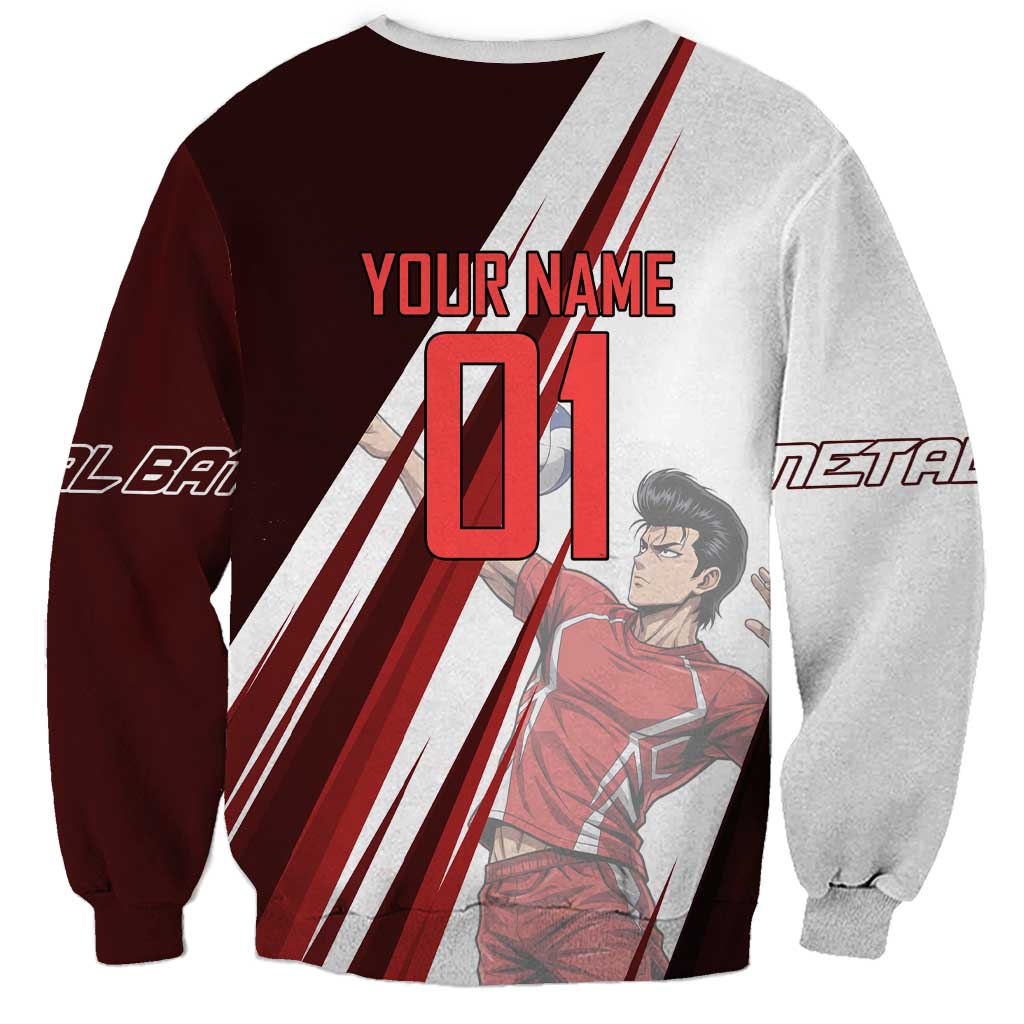 Personalized Metal Bat Volleyball Design Sweatshirt with Red Athletic Theme and Powerful Action Pose