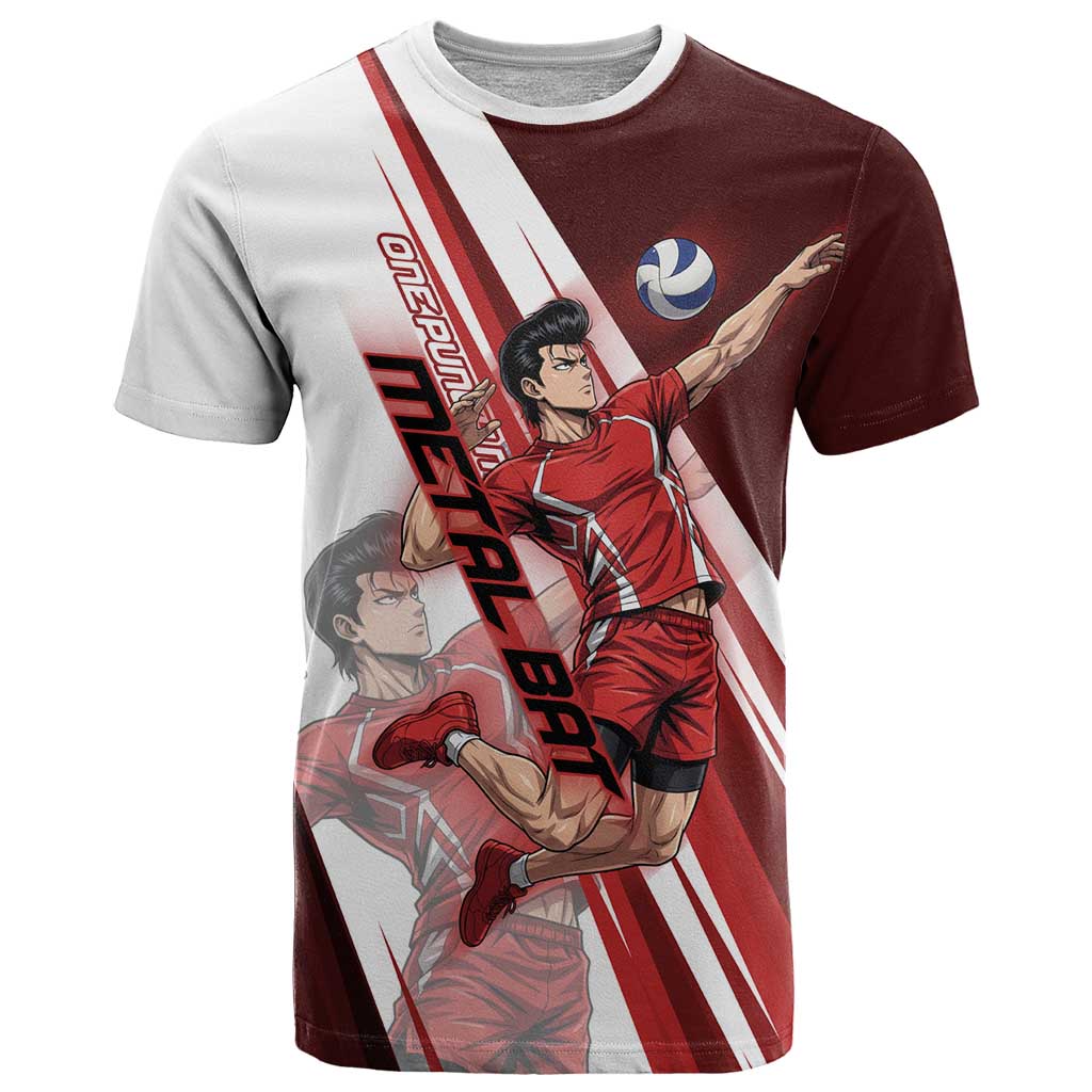 Personalized Metal Bat Volleyball Design T Shirt with Red Athletic Theme and Powerful Action Pose