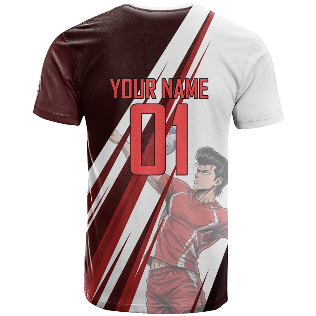 Personalized Metal Bat Volleyball Design T Shirt with Red Athletic Theme and Powerful Action Pose